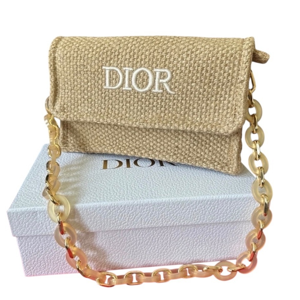 Dior GWP Shoulder Bag – Beige Raffia + Gold/Acrylic Chain Strap